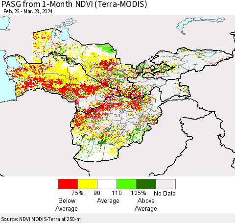 Central Asia PASG from 1-Month NDVI (Terra-MODIS) Thematic Map For 3/21/2024 - 3/28/2024