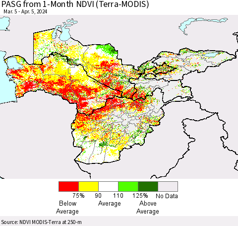 Central Asia PASG from 1-Month NDVI (Terra-MODIS) Thematic Map For 3/29/2024 - 4/5/2024