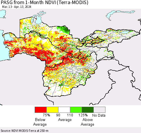Central Asia PASG from 1-Month NDVI (Terra-MODIS) Thematic Map For 4/6/2024 - 4/13/2024