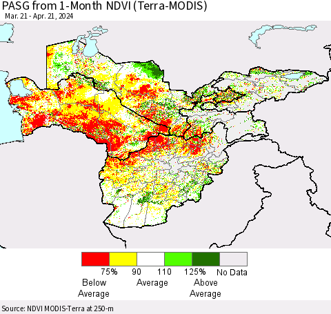 Central Asia PASG from 1-Month NDVI (Terra-MODIS) Thematic Map For 4/14/2024 - 4/21/2024