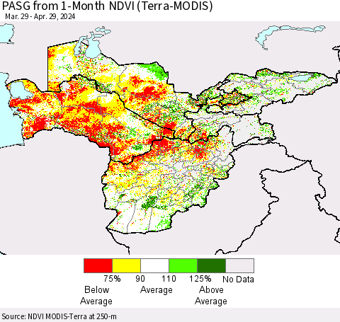Central Asia PASG from 1-Month NDVI (Terra-MODIS) Thematic Map For 4/22/2024 - 4/29/2024