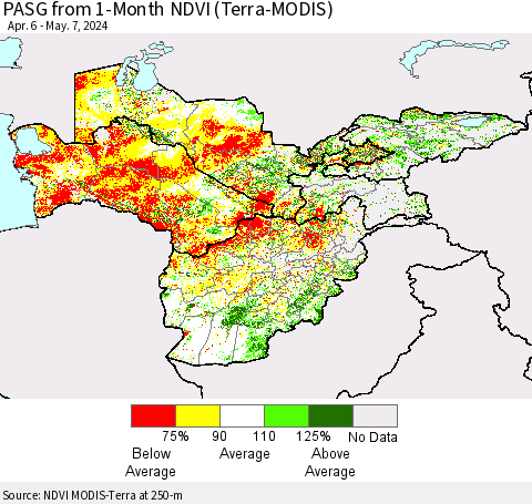 Central Asia PASG from 1-Month NDVI (Terra-MODIS) Thematic Map For 4/30/2024 - 5/7/2024