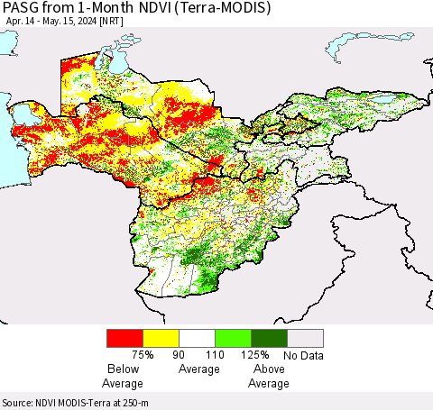 Central Asia PASG from 1-Month NDVI (Terra-MODIS) Thematic Map For 5/8/2024 - 5/15/2024