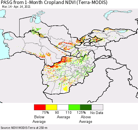 Central Asia PASG from 1-Month Cropland NDVI (Terra-MODIS) Thematic Map For 4/7/2021 - 4/14/2021
