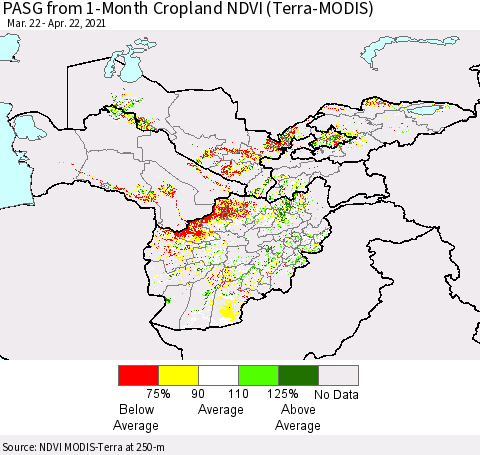 Central Asia PASG from 1-Month Cropland NDVI (Terra-MODIS) Thematic Map For 4/15/2021 - 4/22/2021