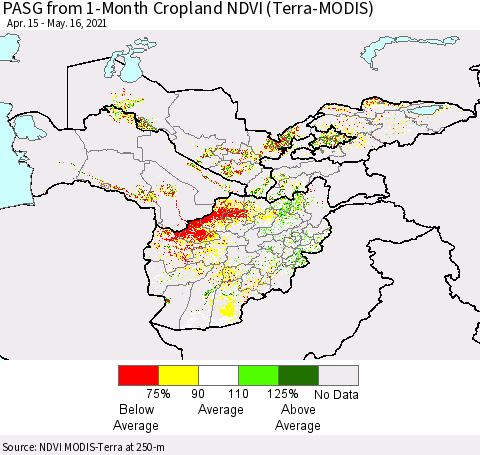 Central Asia PASG from 1-Month Cropland NDVI (Terra-MODIS) Thematic Map For 5/9/2021 - 5/16/2021