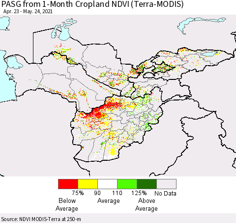 Central Asia PASG from 1-Month Cropland NDVI (Terra-MODIS) Thematic Map For 5/17/2021 - 5/24/2021