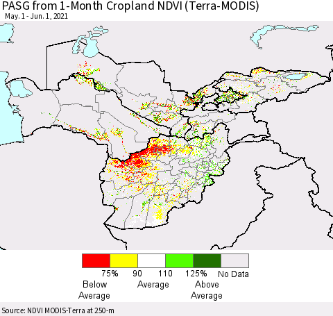 Central Asia PASG from 1-Month Cropland NDVI (Terra-MODIS) Thematic Map For 5/25/2021 - 6/1/2021