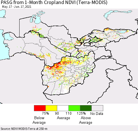 Central Asia PASG from 1-Month Cropland NDVI (Terra-MODIS) Thematic Map For 6/10/2021 - 6/17/2021