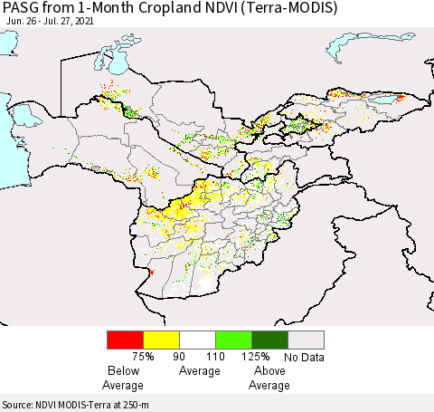 Central Asia PASG from 1-Month Cropland NDVI (Terra-MODIS) Thematic Map For 7/20/2021 - 7/27/2021