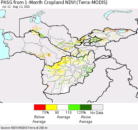 Central Asia PASG from 1-Month Cropland NDVI (Terra-MODIS) Thematic Map For 8/5/2021 - 8/12/2021