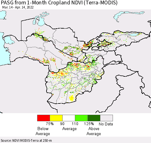 Central Asia PASG from 1-Month Cropland NDVI (Terra-MODIS) Thematic Map For 4/7/2022 - 4/14/2022