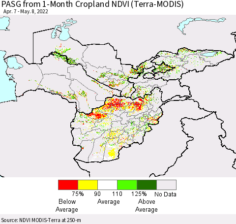 Central Asia PASG from 1-Month Cropland NDVI (Terra-MODIS) Thematic Map For 5/1/2022 - 5/8/2022