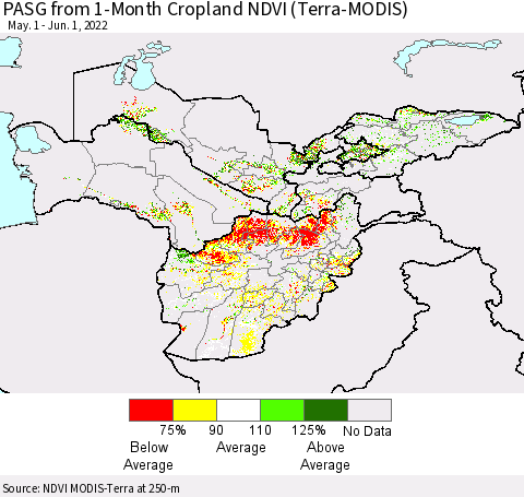 Central Asia PASG from 1-Month Cropland NDVI (Terra-MODIS) Thematic Map For 5/25/2022 - 6/1/2022