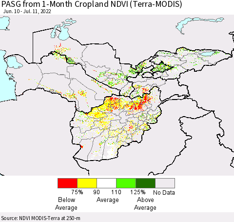 Central Asia PASG from 1-Month Cropland NDVI (Terra-MODIS) Thematic Map For 7/4/2022 - 7/11/2022