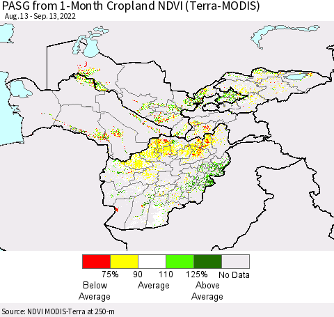 Central Asia PASG from 1-Month Cropland NDVI (Terra-MODIS) Thematic Map For 9/6/2022 - 9/13/2022