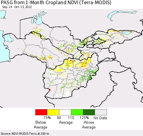 Central Asia PASG from 1-Month Cropland NDVI (Terra-MODIS) Thematic Map For 10/8/2022 - 10/15/2022