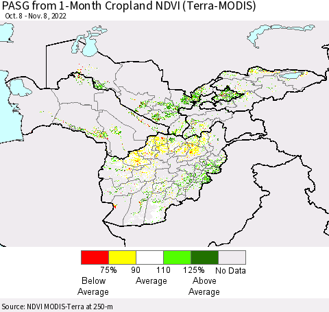 Central Asia PASG from 1-Month Cropland NDVI (Terra-MODIS) Thematic Map For 11/1/2022 - 11/8/2022