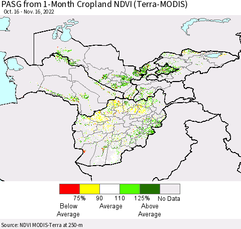 Central Asia PASG from 1-Month Cropland NDVI (Terra-MODIS) Thematic Map For 11/9/2022 - 11/16/2022