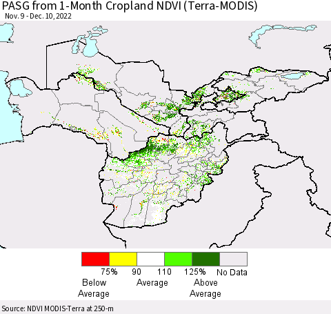 Central Asia PASG from 1-Month Cropland NDVI (Terra-MODIS) Thematic Map For 12/3/2022 - 12/10/2022