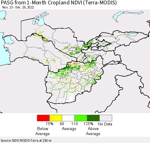 Central Asia PASG from 1-Month Cropland NDVI (Terra-MODIS) Thematic Map For 12/19/2022 - 12/26/2022