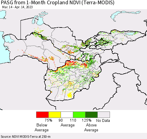 Central Asia PASG from 1-Month Cropland NDVI (Terra-MODIS) Thematic Map For 4/7/2023 - 4/14/2023