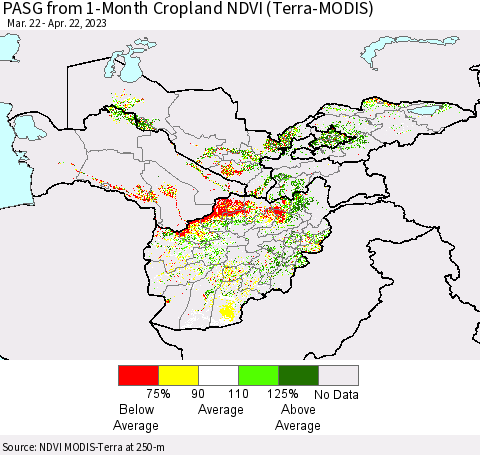 Central Asia PASG from 1-Month Cropland NDVI (Terra-MODIS) Thematic Map For 4/15/2023 - 4/22/2023