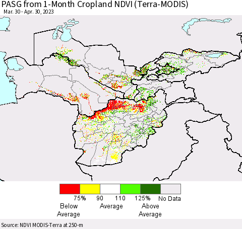 Central Asia PASG from 1-Month Cropland NDVI (Terra-MODIS) Thematic Map For 4/23/2023 - 4/30/2023