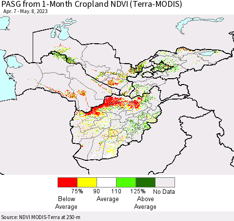 Central Asia PASG from 1-Month Cropland NDVI (Terra-MODIS) Thematic Map For 5/1/2023 - 5/8/2023