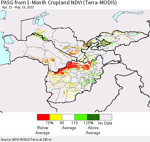 Central Asia PASG from 1-Month Cropland NDVI (Terra-MODIS) Thematic Map For 5/9/2023 - 5/16/2023