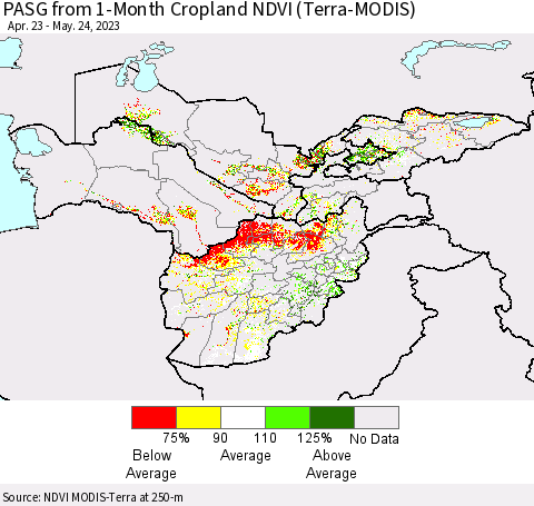Central Asia PASG from 1-Month Cropland NDVI (Terra-MODIS) Thematic Map For 5/17/2023 - 5/24/2023