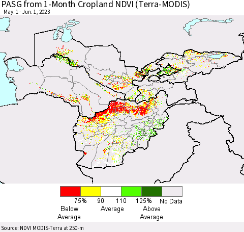 Central Asia PASG from 1-Month Cropland NDVI (Terra-MODIS) Thematic Map For 5/25/2023 - 6/1/2023