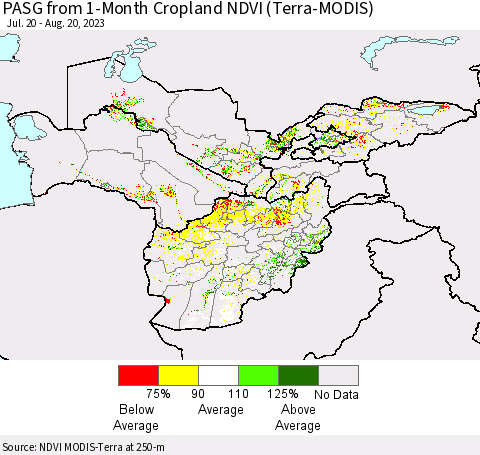Central Asia PASG from 1-Month Cropland NDVI (Terra-MODIS) Thematic Map For 8/13/2023 - 8/20/2023