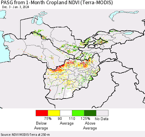 Central Asia PASG from 1-Month Cropland NDVI (Terra-MODIS) Thematic Map For 12/27/2023 - 1/3/2024