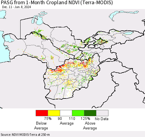 Central Asia PASG from 1-Month Cropland NDVI (Terra-MODIS) Thematic Map For 1/1/2024 - 1/8/2024