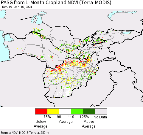 Central Asia PASG from 1-Month Cropland NDVI (Terra-MODIS) Thematic Map For 1/9/2024 - 1/16/2024