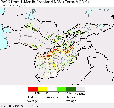 Central Asia PASG from 1-Month Cropland NDVI (Terra-MODIS) Thematic Map For 1/17/2024 - 1/24/2024