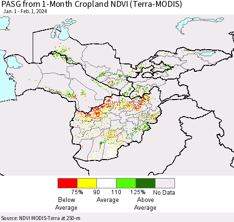 Central Asia PASG from 1-Month Cropland NDVI (Terra-MODIS) Thematic Map For 1/25/2024 - 2/1/2024