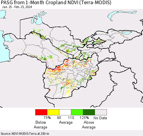 Central Asia PASG from 1-Month Cropland NDVI (Terra-MODIS) Thematic Map For 2/18/2024 - 2/25/2024
