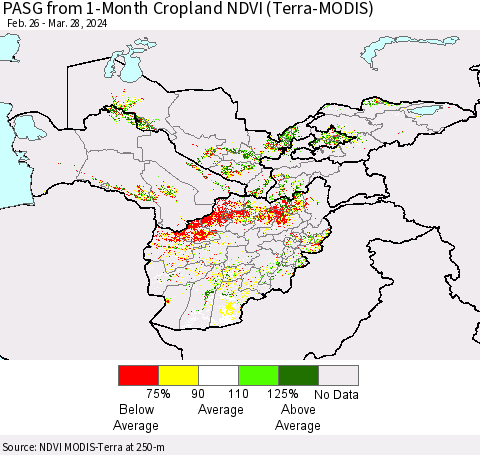 Central Asia PASG from 1-Month Cropland NDVI (Terra-MODIS) Thematic Map For 3/21/2024 - 3/28/2024