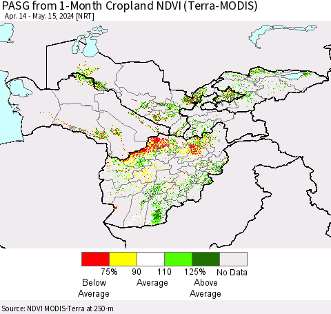 Central Asia PASG from 1-Month Cropland NDVI (Terra-MODIS) Thematic Map For 5/8/2024 - 5/15/2024