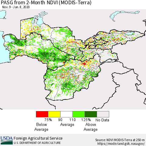 Central Asia PASG from 2-Month NDVI (Terra-MODIS) Thematic Map For 1/1/2020 - 1/10/2020