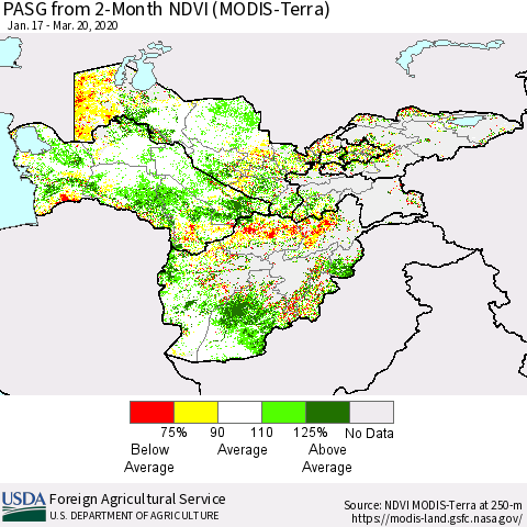 Central Asia PASG from 2-Month NDVI (Terra-MODIS) Thematic Map For 3/11/2020 - 3/20/2020