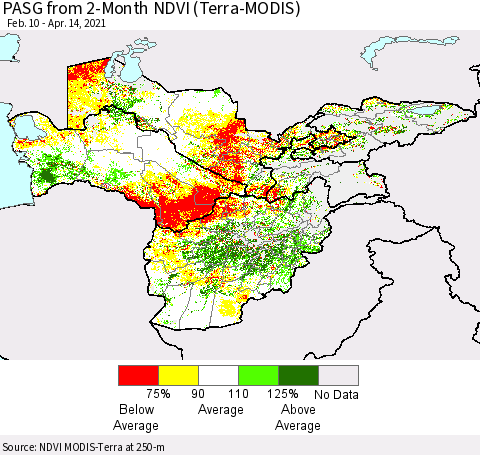 Central Asia PASG from 2-Month NDVI (Terra-MODIS) Thematic Map For 4/7/2021 - 4/14/2021