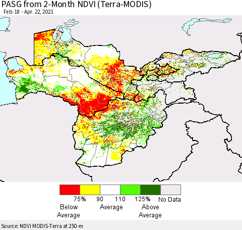 Central Asia PASG from 2-Month NDVI (Terra-MODIS) Thematic Map For 4/15/2021 - 4/22/2021