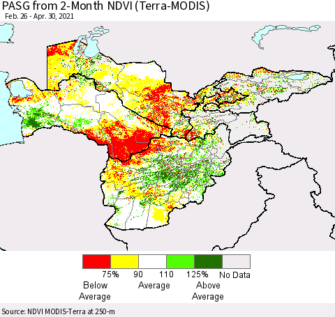 Central Asia PASG from 2-Month NDVI (Terra-MODIS) Thematic Map For 4/23/2021 - 4/30/2021