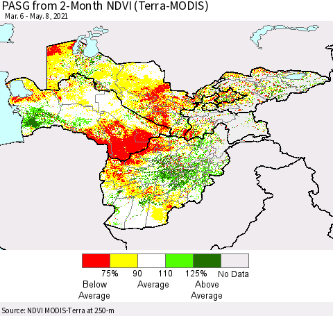 Central Asia PASG from 2-Month NDVI (Terra-MODIS) Thematic Map For 5/1/2021 - 5/8/2021