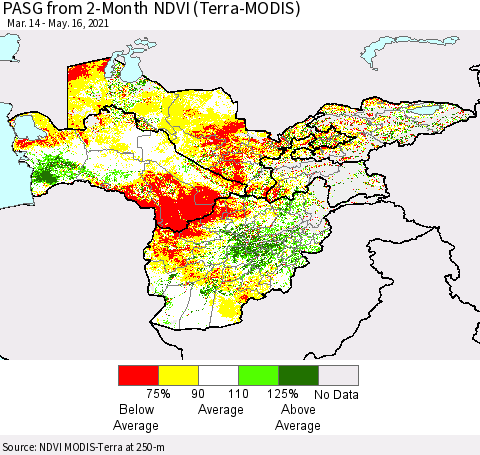 Central Asia PASG from 2-Month NDVI (Terra-MODIS) Thematic Map For 5/9/2021 - 5/16/2021