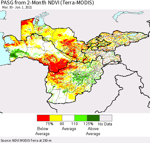 Central Asia PASG from 2-Month NDVI (Terra-MODIS) Thematic Map For 5/25/2021 - 6/1/2021