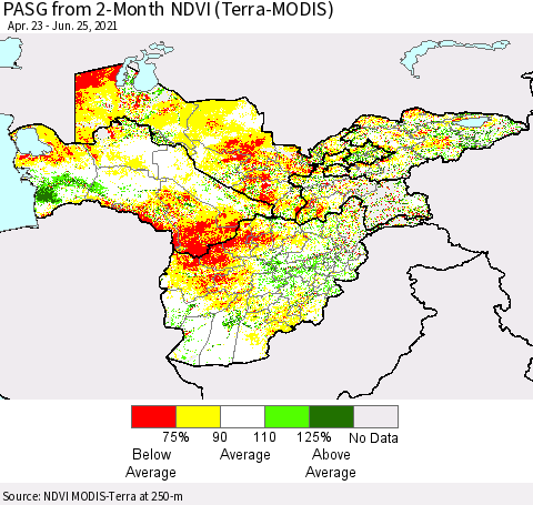 Central Asia PASG from 2-Month NDVI (Terra-MODIS) Thematic Map For 6/18/2021 - 6/25/2021